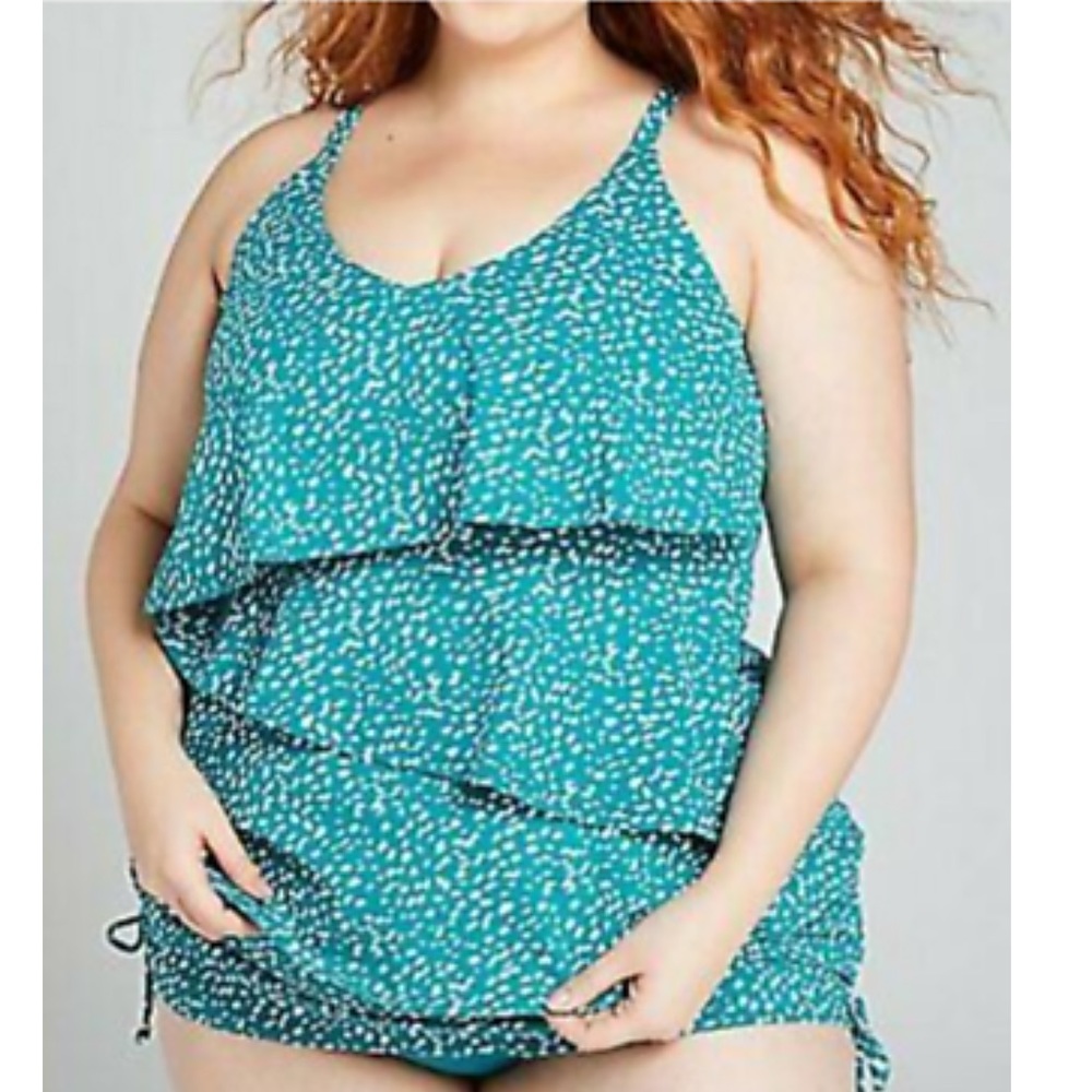 Cacique Teal Printed Ruffle Tankini Swim Top